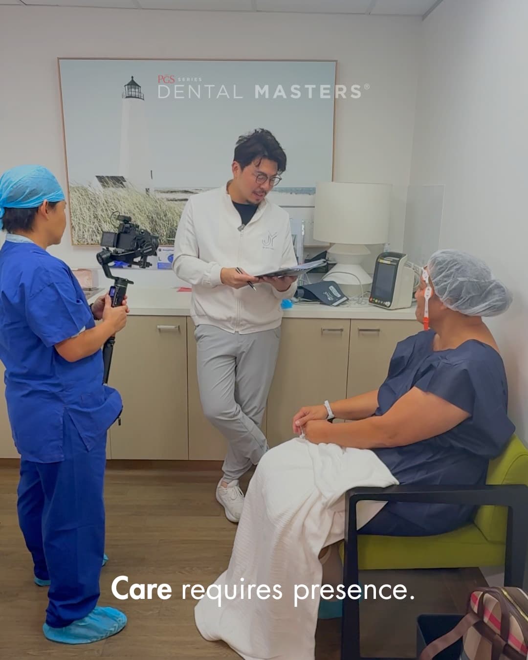 Dr Jack Yang meeting with a patient before treatment. Overlaid text reads: Care requires presence.